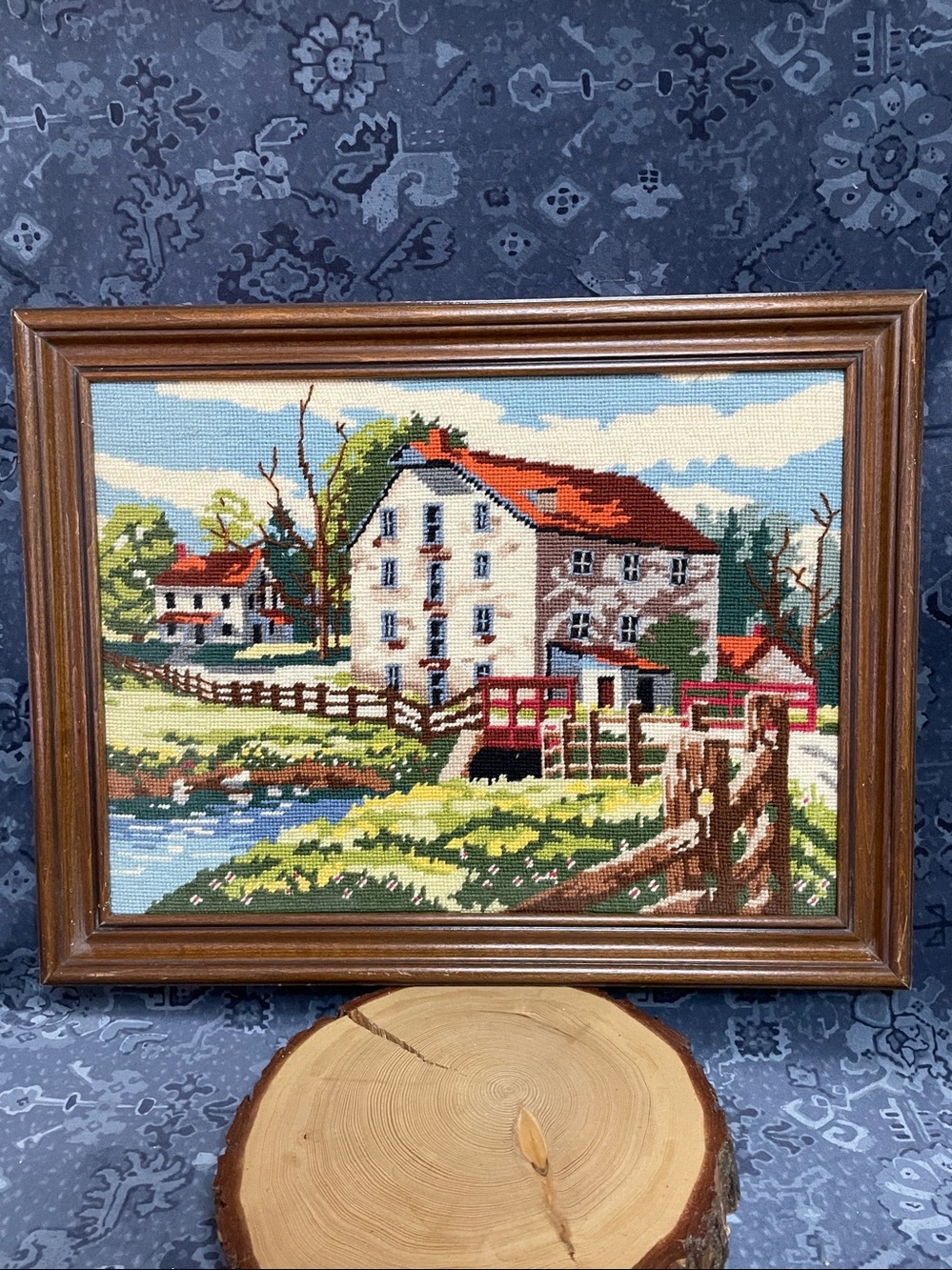 Vintage Completed Needlepoint Framed Wall Art Scenic Water Mill